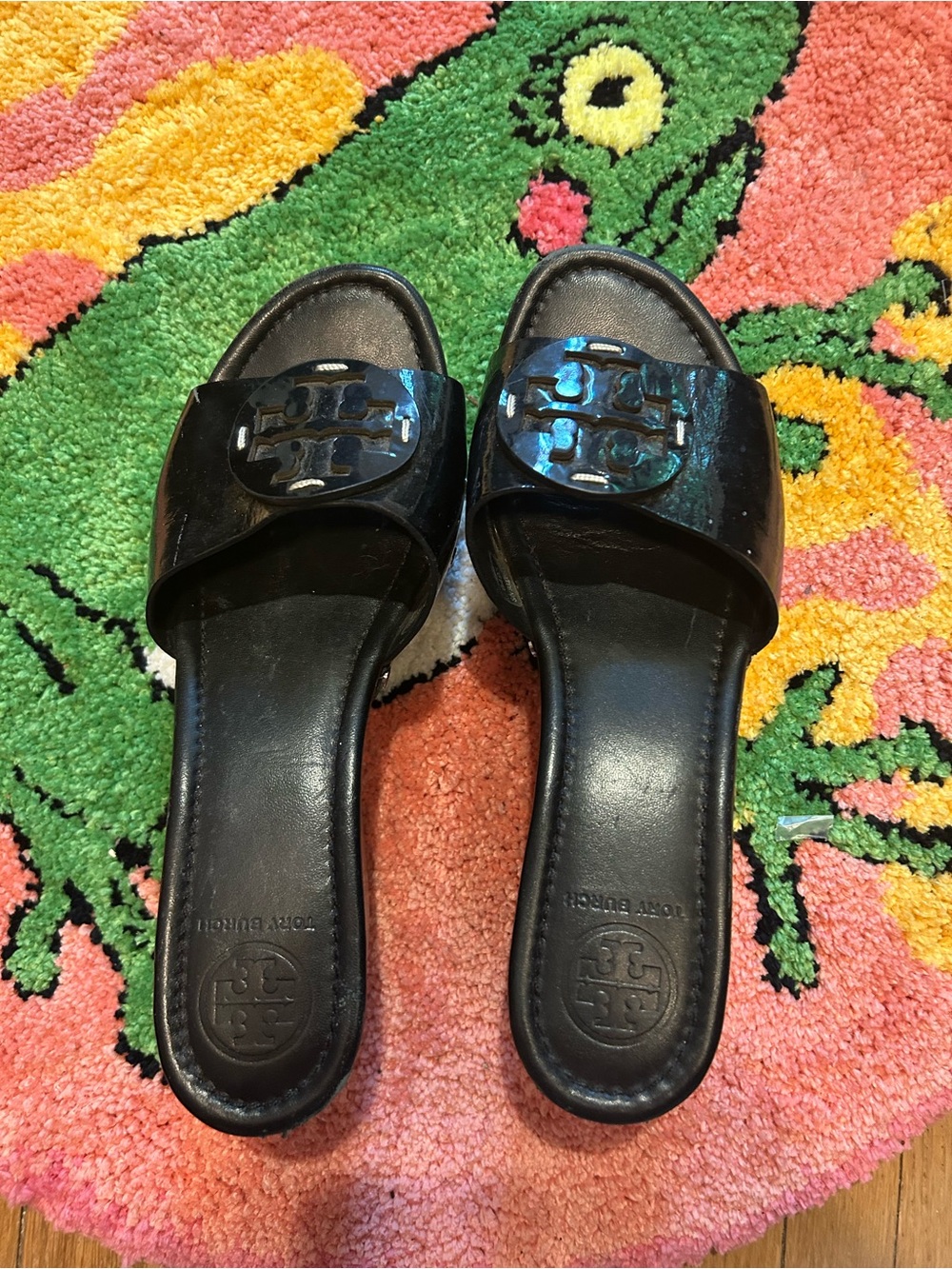 Tory Burch Black Logo Patent Slide Sandals
